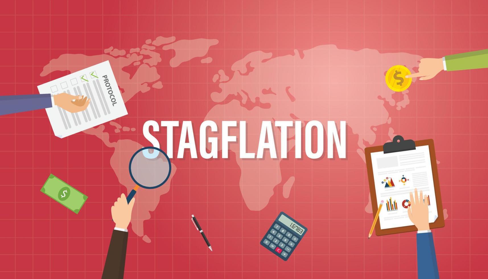 stagflation concept with people hand on top of the table with red background and modern flat style vector