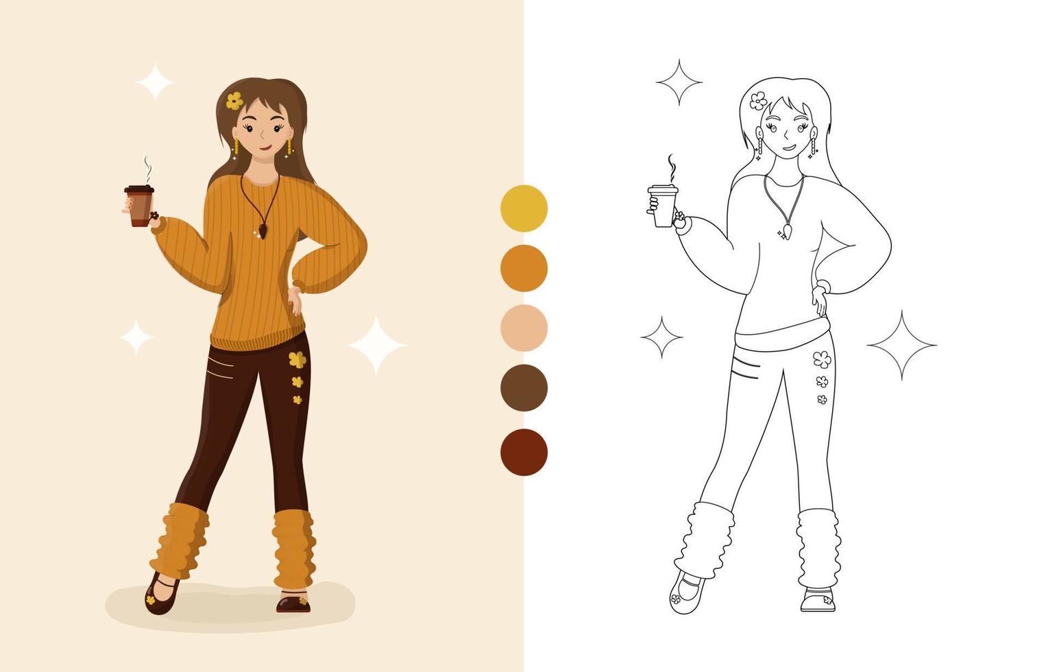 Girl coffee coloring book. Vector illustration. Woman in orange striped sweater and brown pants.