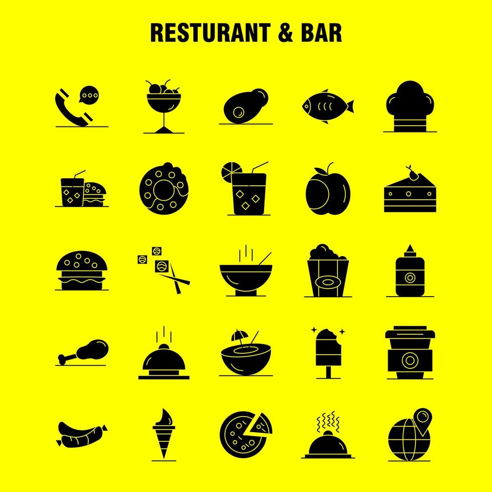 icono de glifo sólido de restaurante y bar para impresión web y kit de uxui móvil, como teléfono, chat, hotel, mapa mundial, ubicación, hotel, pictograma, paquete, vector