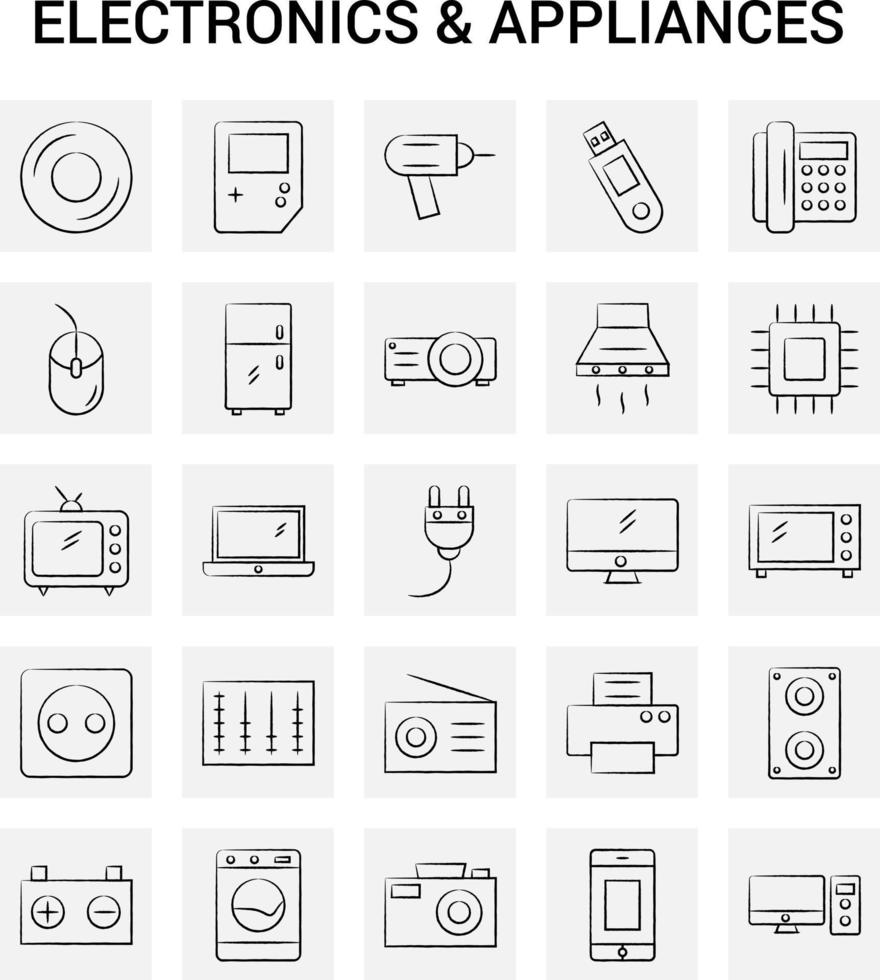 25 iconos de electrodomésticos y aparatos electrónicos dibujados a mano conjunto de garabatos vectoriales de fondo gris vector