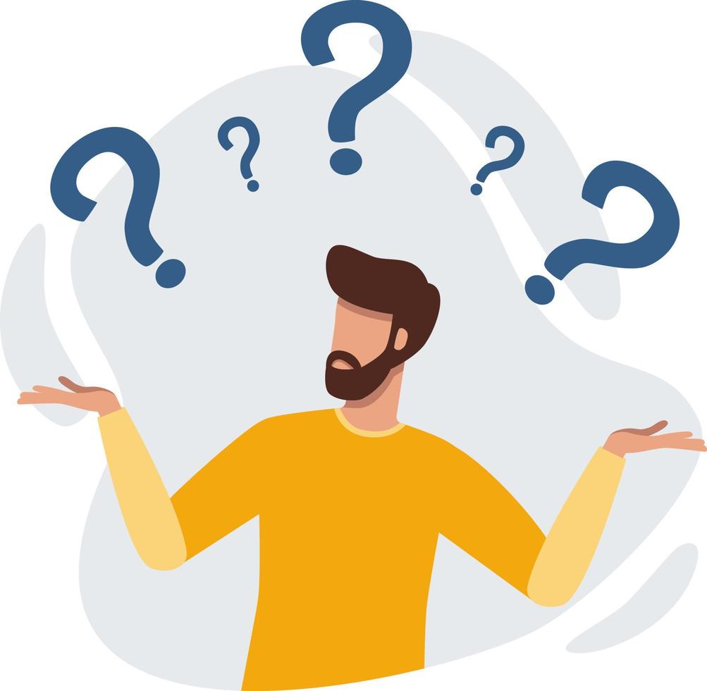 Confused person surrounded by question marks vector