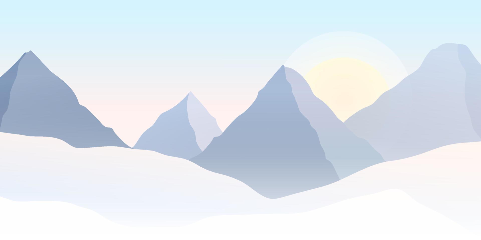 Winter mountain landscape with snow and sunrise. Vector illustration