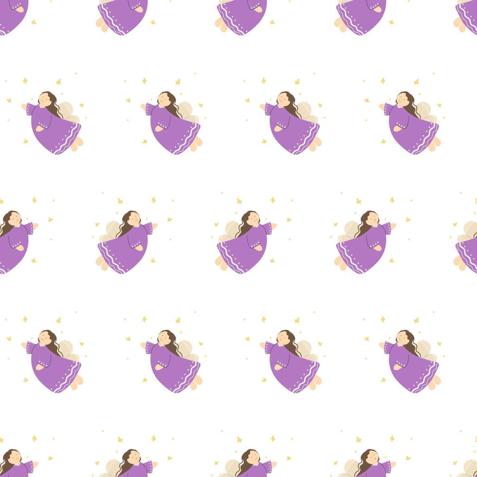 Angels pattern. Girl in a purple dress with wings on a pattern for textiles, books, wallpapers, wrapping paper, stationery, print. vector