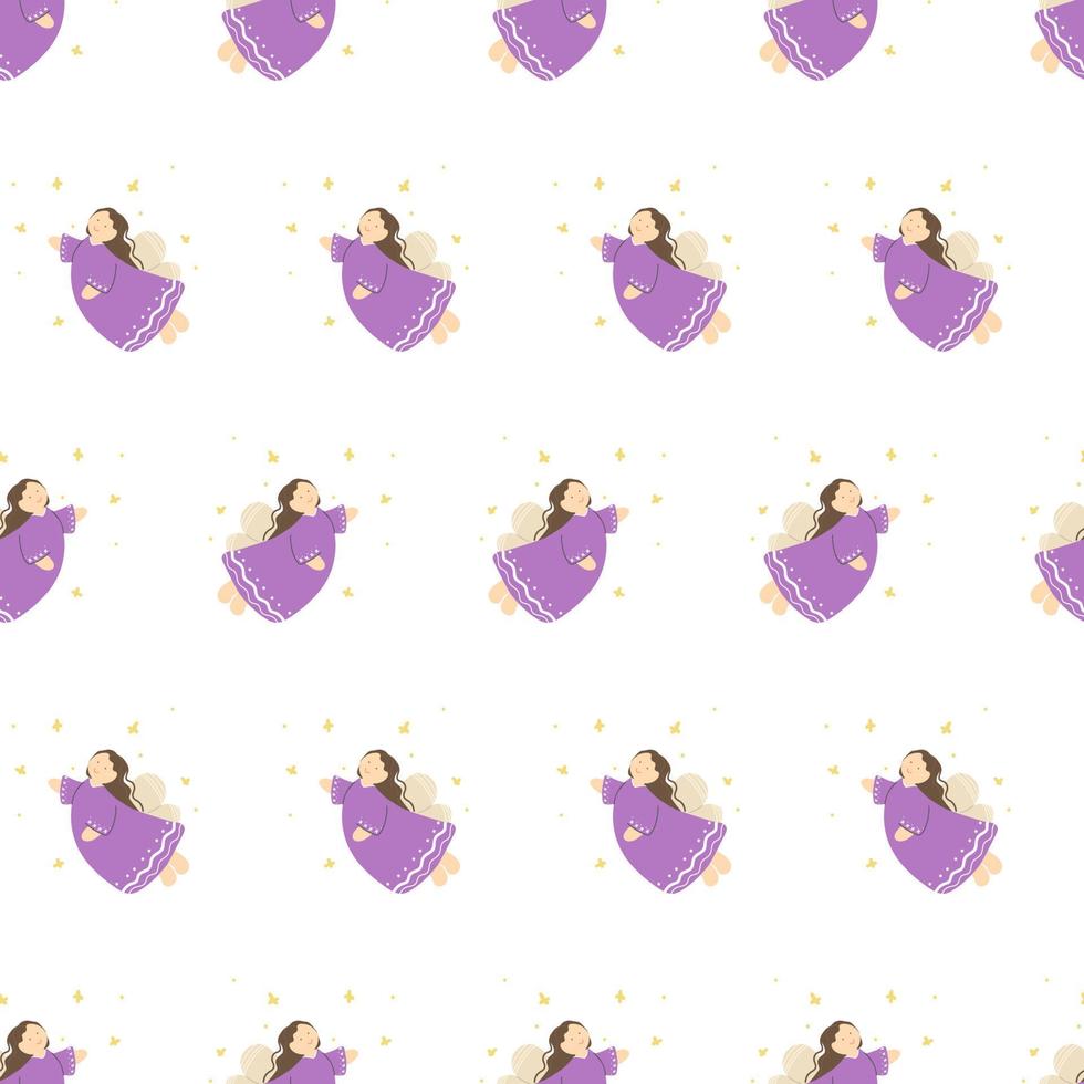 Angels pattern. Girl in a purple dress with wings on a pattern for textiles, books, wallpapers, wrapping paper, stationery, print. vector