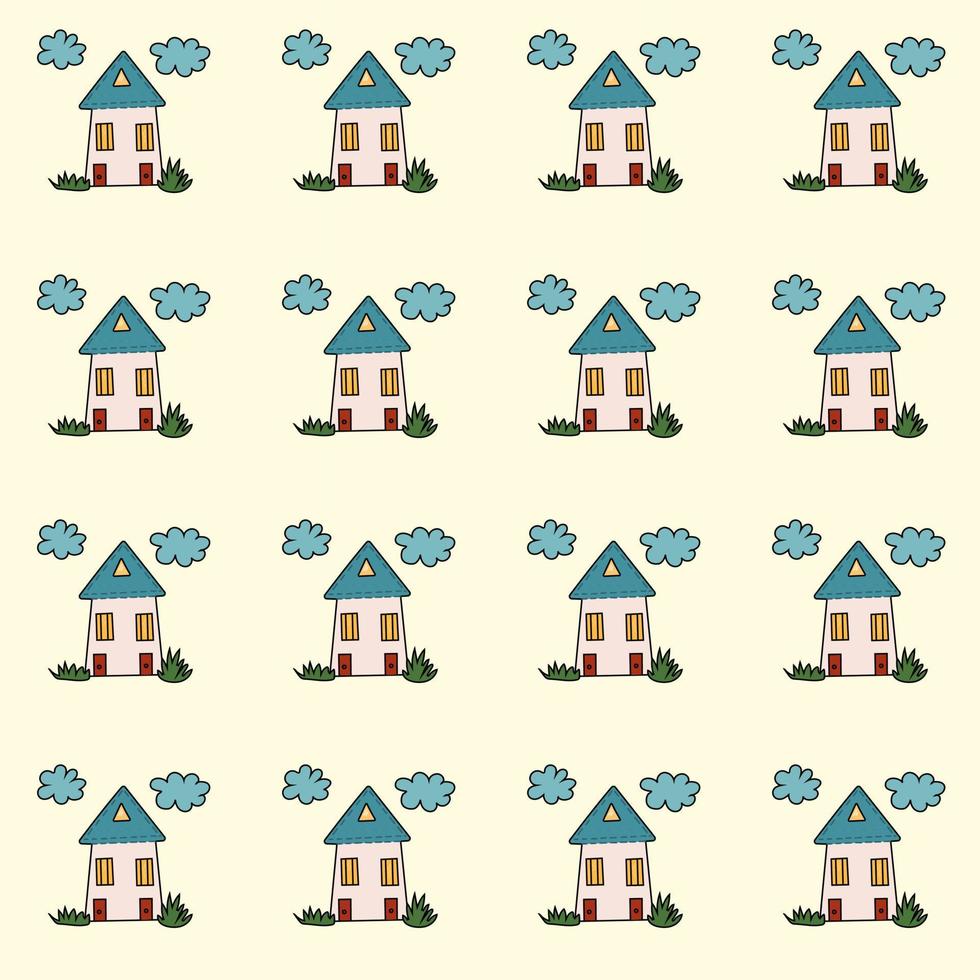 Pattern cute houses and clouds. cute hand drawn houses on a pattern for textiles, backgrounds, wallpapers, wrapping paper, fabrics. vector