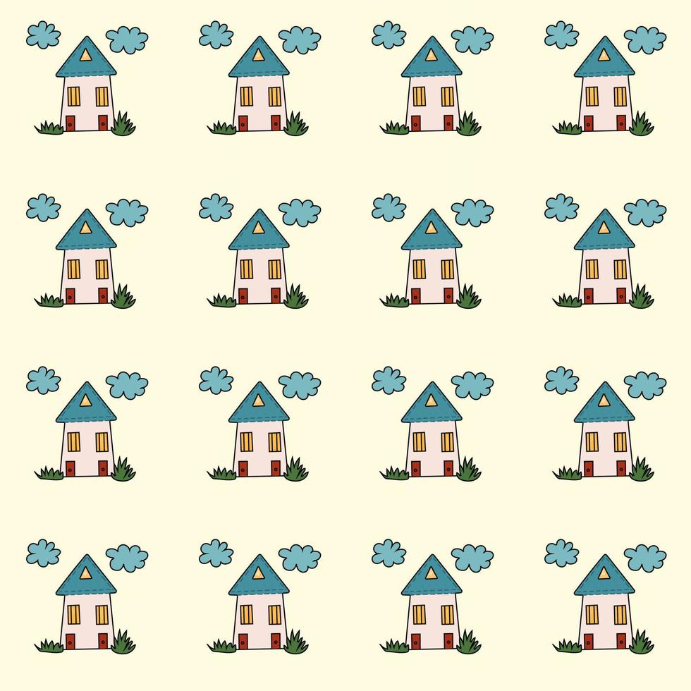 Pattern cute houses and clouds. cute hand drawn houses on a pattern for textiles, backgrounds, wallpapers, wrapping paper, fabrics. vector