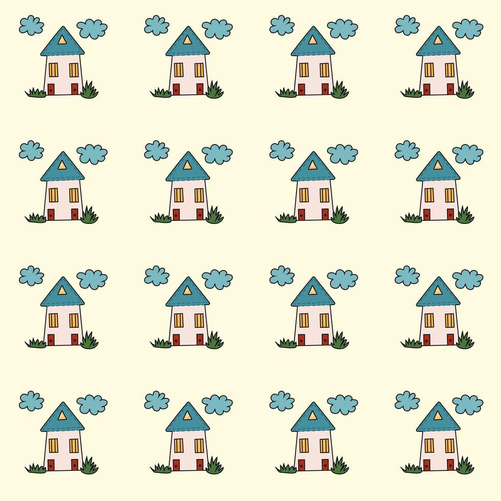 patrón lindas casas y nubes. lindas casas dibujadas a mano en un patrón para textiles, fondos, papeles pintados, papel para envolver, telas. vector