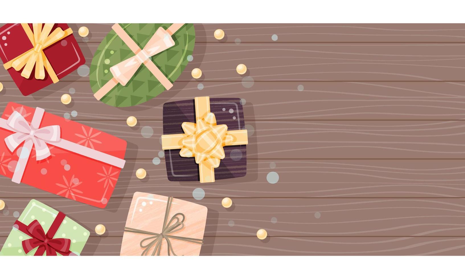 Winter card with gift boxes on wood background. Vector illustration. Horizontal flyer, banner.