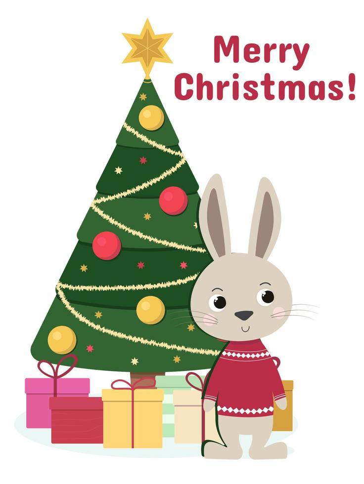 Christmas card with cute bunny in red sweater, gifts, fir tree and text Merry Christmas on white background vector