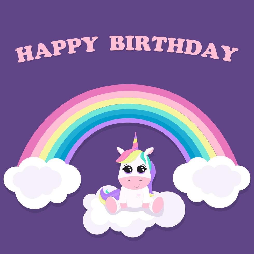 ilustración con lindo unicornio, arco iris, nubes y texto feliz cumpleaños. se puede usar como tarjeta o invitación o en forma impresa y tipográfica vector