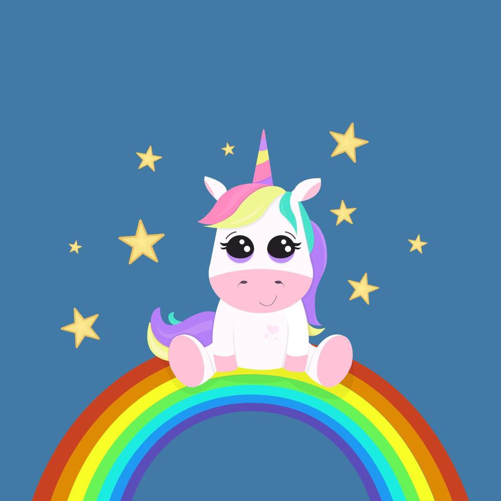 Illustration with cute unicorn sitting on rainbow with blue background with stars vector