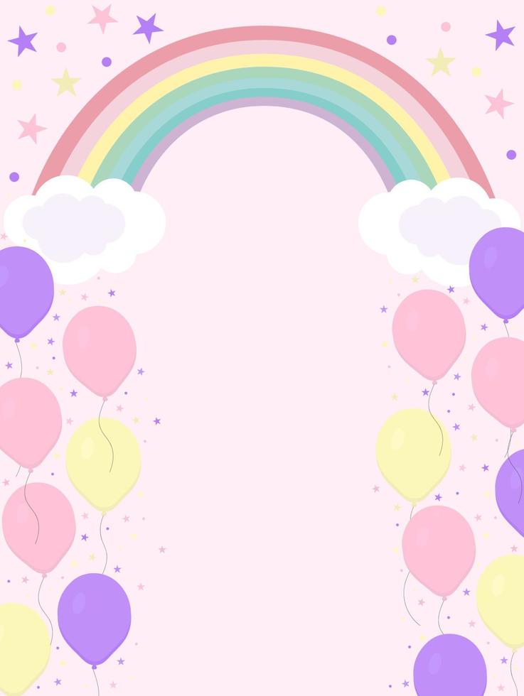 ilustración con arco iris, globos y estrellas. se puede utilizar como postal, invitación, afiche u otra impresión. vector