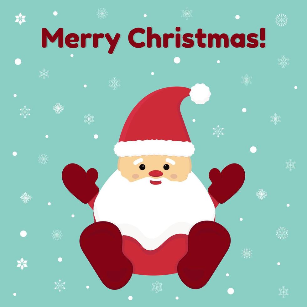 Retro style christmas card with cute santa and sack with gifts and text merry christmas on blue background with snowflakes vector