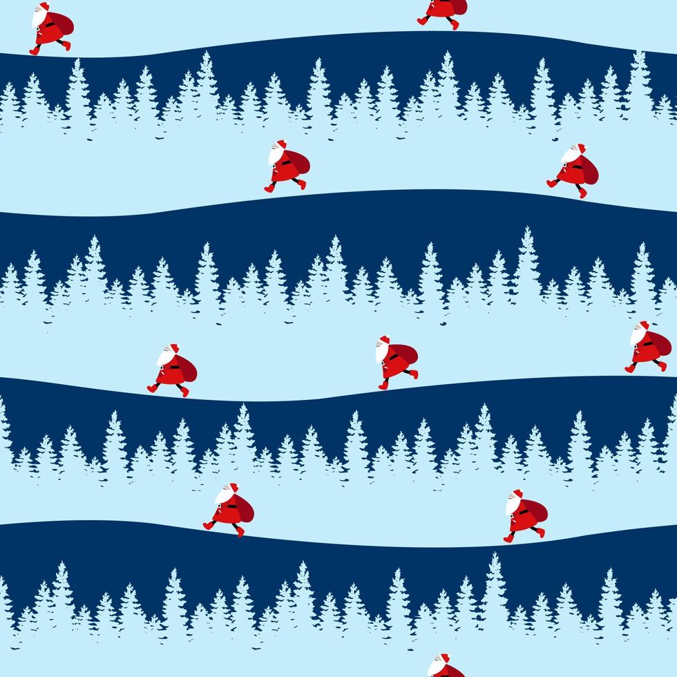 dibujado a mano vector feliz navidad ilustración de dibujos animados con santa claus con bolsa de regalo sorpresa caminando en árboles de navidad bosque congelado