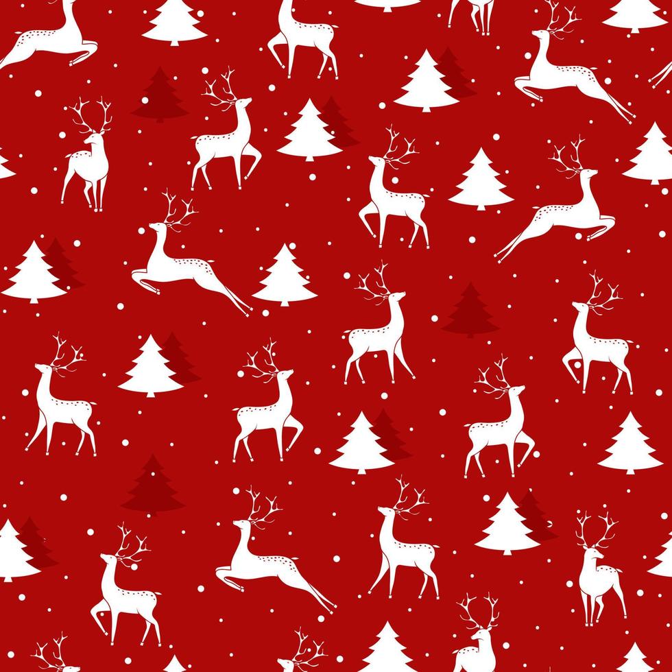 patrón de Navidad sin costuras con siluetas blancas de ciervos y árboles sobre un fondo rojo. vector