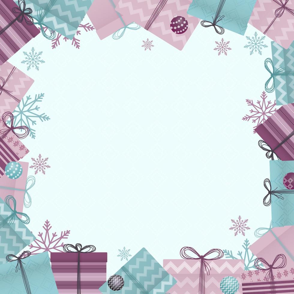 marco de regalos y copos de nieve vector