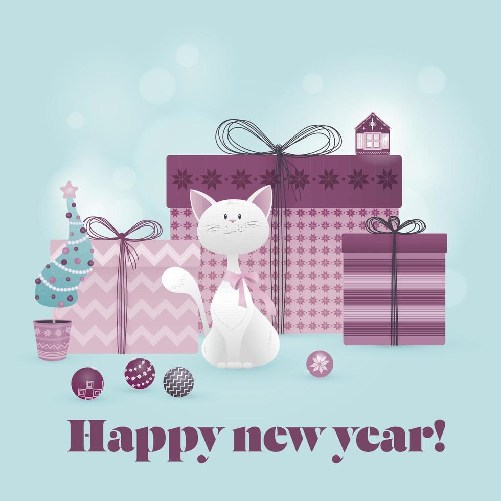 New year postcard cat gifts vector