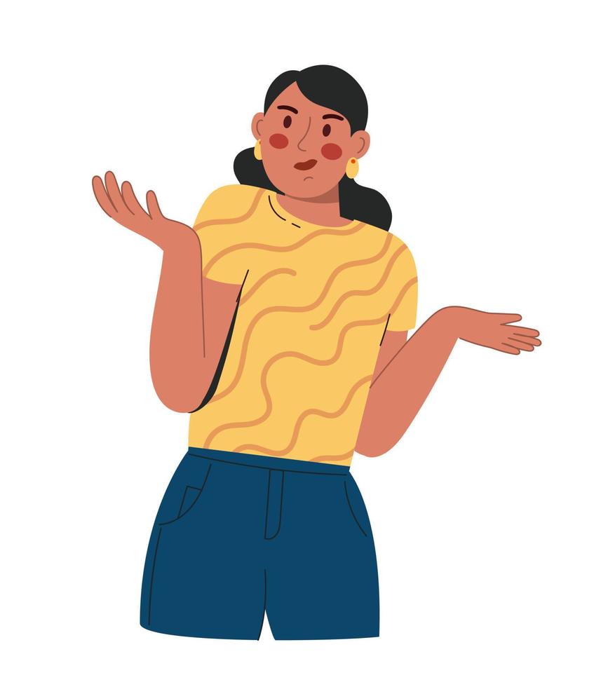 A young beautiful woman doubts what choice to make. In a yellow blouse and blue trousers. Vector illustration flat isolated white background