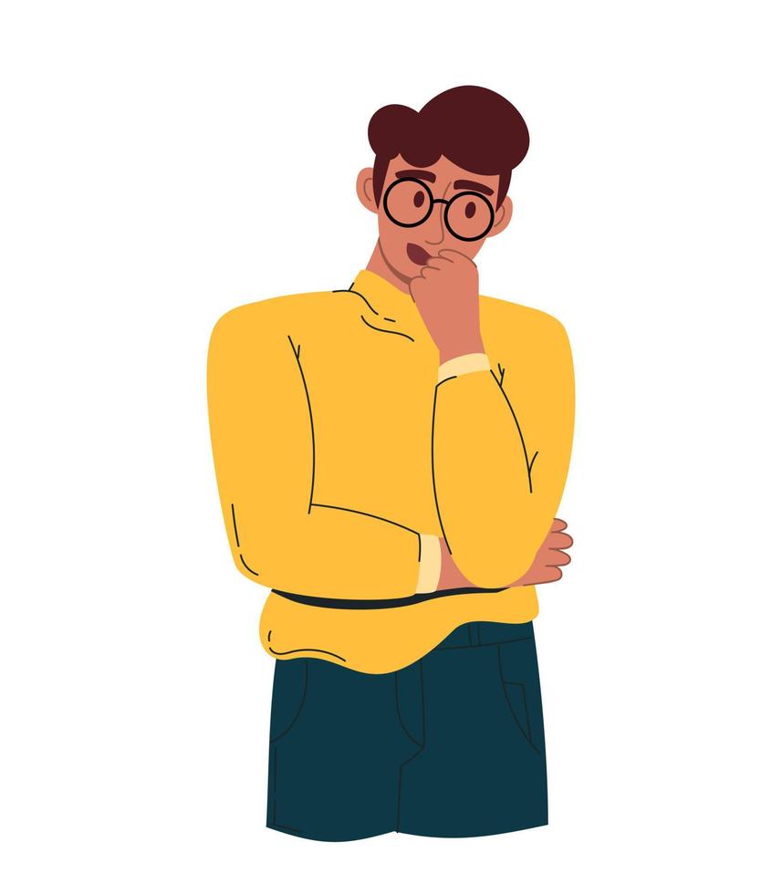 A young handsome man in doubt. In a yellow shirt and green trousers. Vector illustration of a flat isolated white background