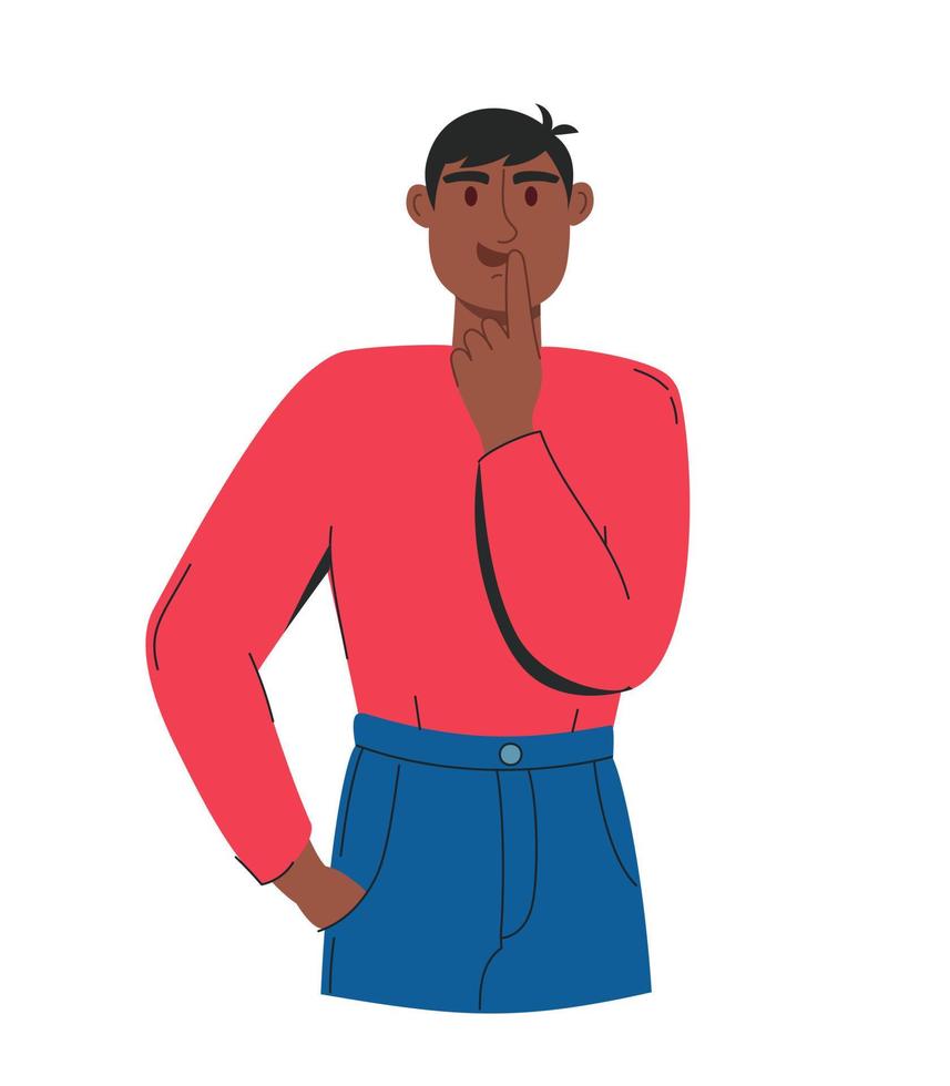 A young handsome man ponders the question and holds his chin. In a red long-sleeve shirt and blue trousers. Vector illustration of a flat isolated white background
