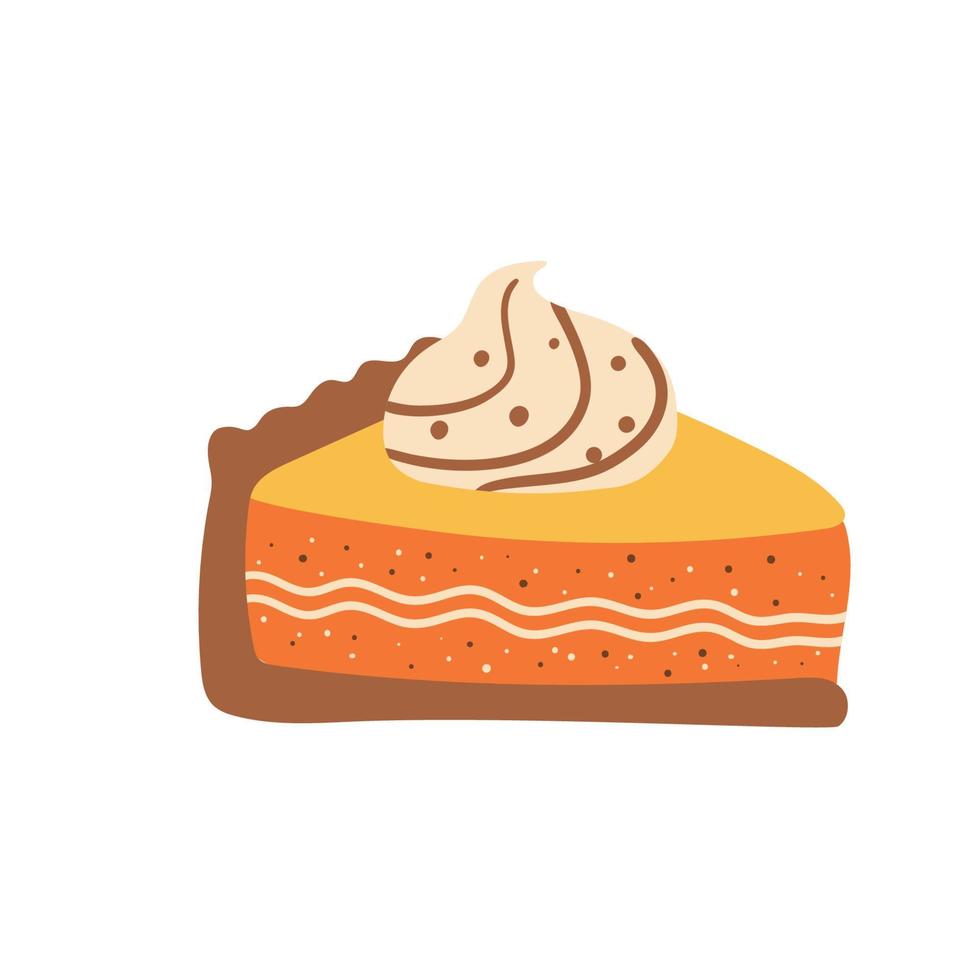 rebanada de pastel de calabaza dibujada a mano en estilo de dibujos animados lindo, elemento aislado en blanco. ilustración de vector de comida del día de acción de gracias con una rebanada de pastel de calabaza.