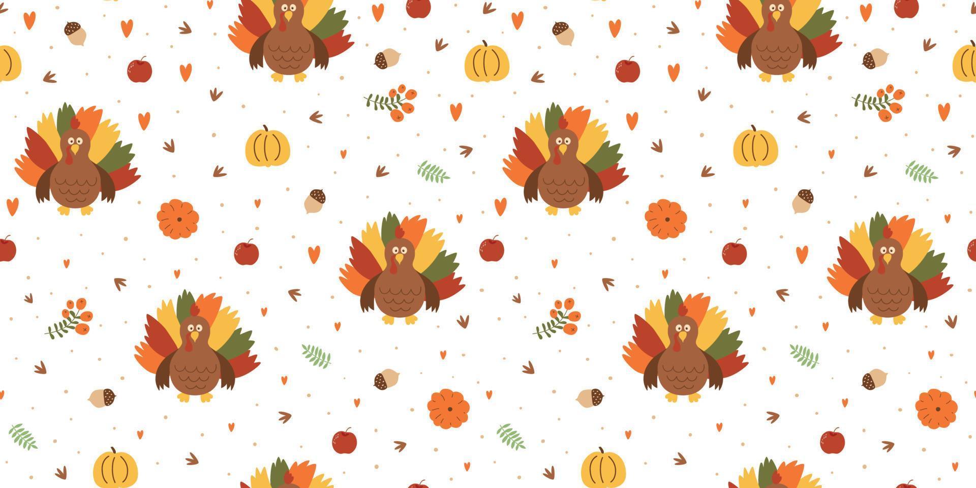 Thanksgiving day vector pattern with turkey, pumpkins illustration, fall leaves hand drawn in cute cartoon style. Autumn Thanksgiving seamless pattern, repeating background for dinner party.