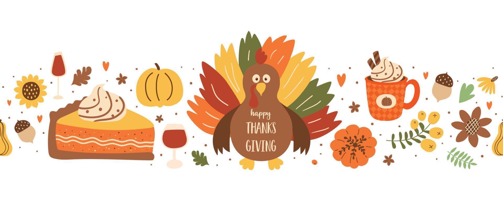 Thanksgiving dinner horizontal seamless border with turkey, pumpkin pie, pumpkin spice latte, autumn leaves, sunflower hand drawn in cute cartoon. Fall food vector illustration for Thanksgiving day.