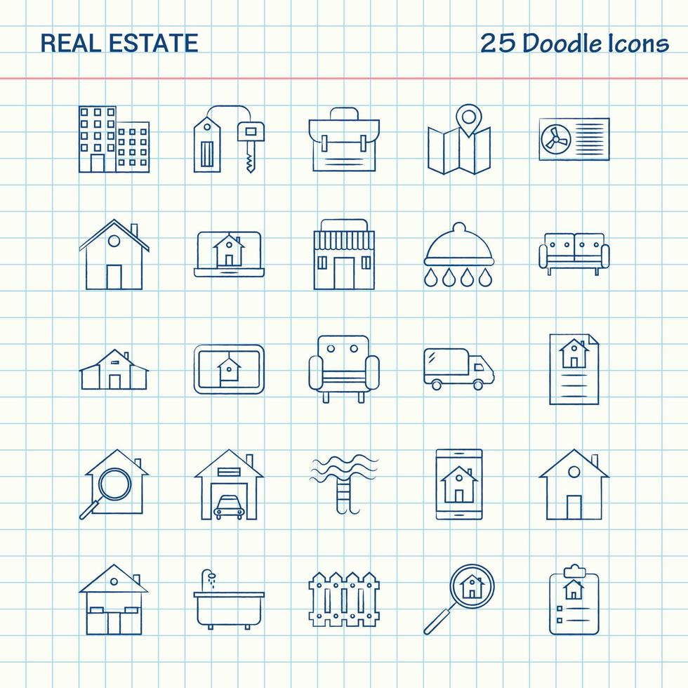 bienes raíces 25 iconos de doodle conjunto de iconos de negocios dibujados a mano vector