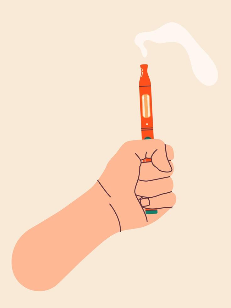 Man's hand holding vape, colorful illustration. Electronic cigarettes and vape concept. Modern vector illustration. Variety of designs vape pens and pod mods. Flat vector design for web.