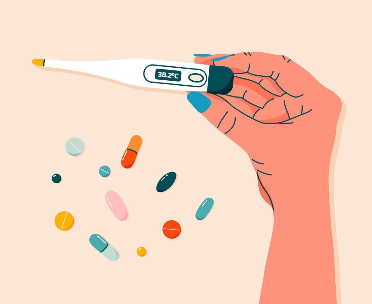 Colorful pills, drugs and thermometer in woman's hand. Female hand holding thermometer. Healthcare and medicine concept. Hand drawn modern flat vector illustration for web banner, card design.