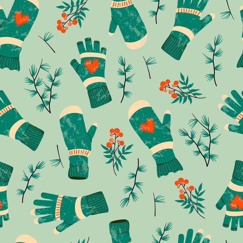 Cute mittens seamless pattern. Winter gloves and winter holiday concept. Hand drawn flat textured holiday greeting card with branches and berries. Cute green mittens. Trendy illustrations for print. vector