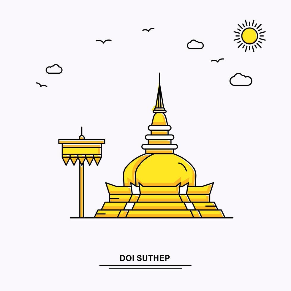 fondo de ilustración amarilla de viaje mundial de plantilla de póster de monumento doi suthep en estilo de línea con escena de naturaleza de belleza vector