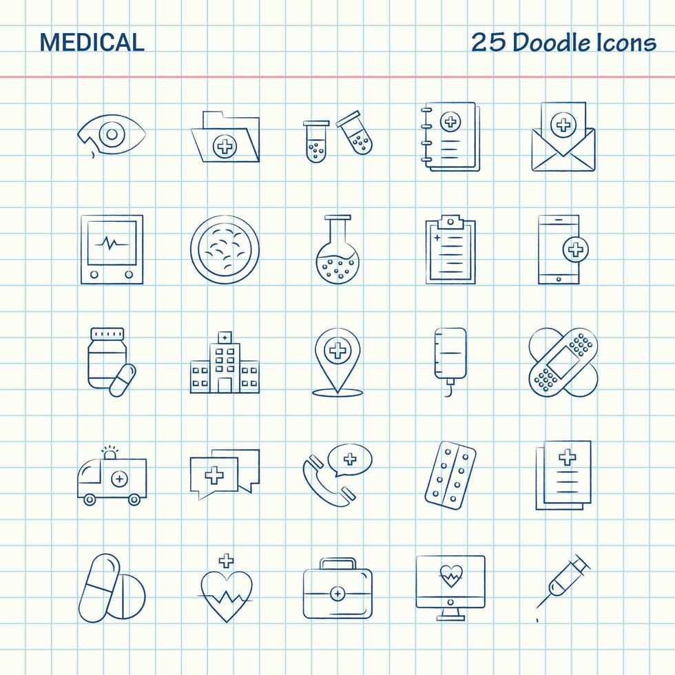 médico 25 iconos de doodle conjunto de iconos de negocios dibujados a mano vector