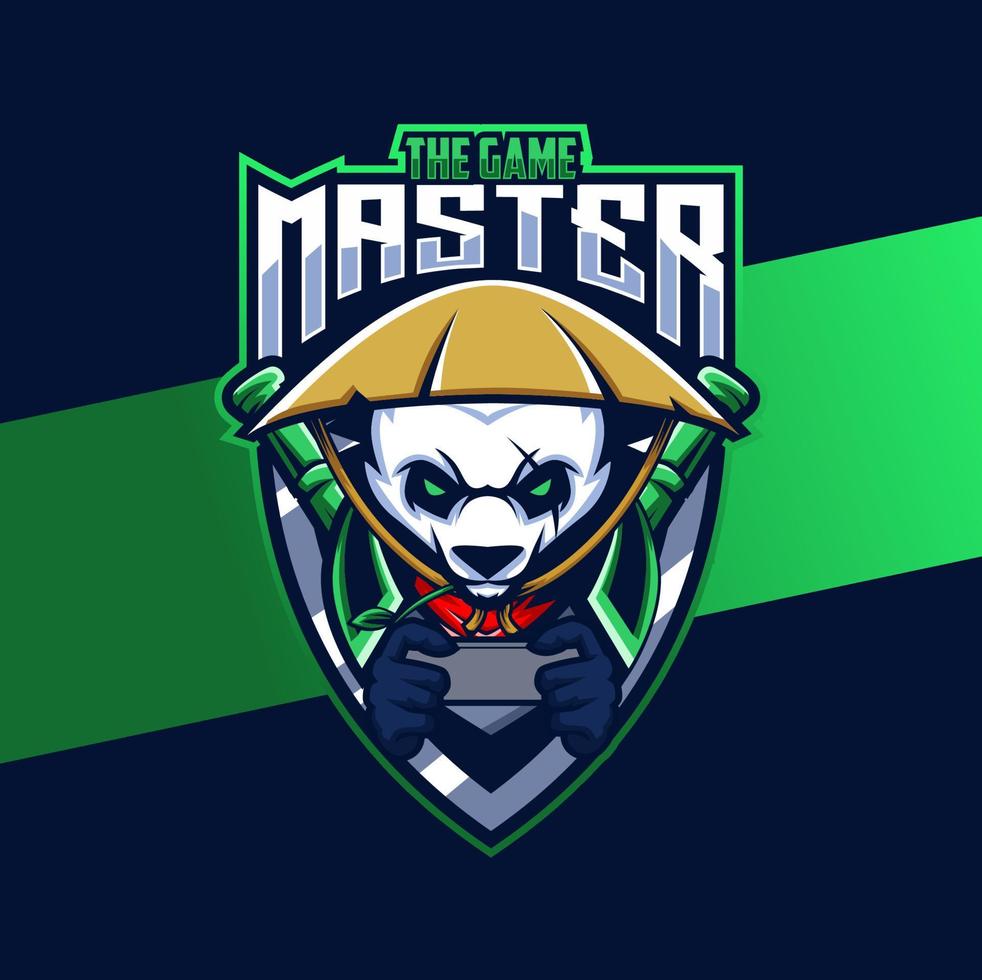 diseño de logotipo de e-sport mascota panda con carácter de estilo maestro para jugador y deporte vector