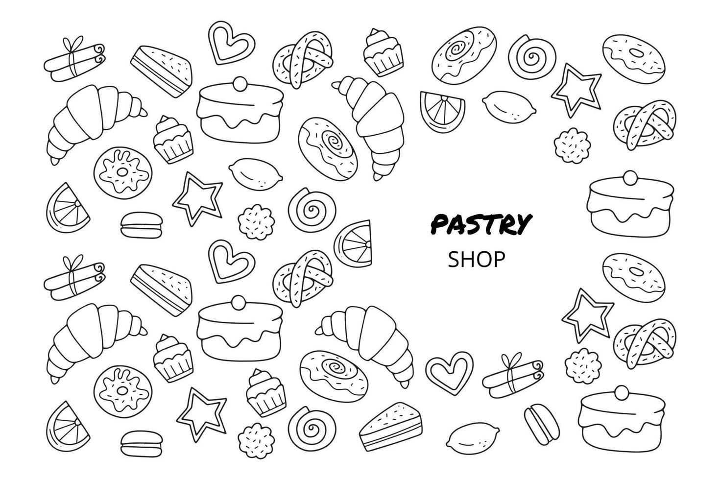 Hand drawn template with sweets such as cake, donut, cupcake, croissant. Illustration for pastry shop. vector