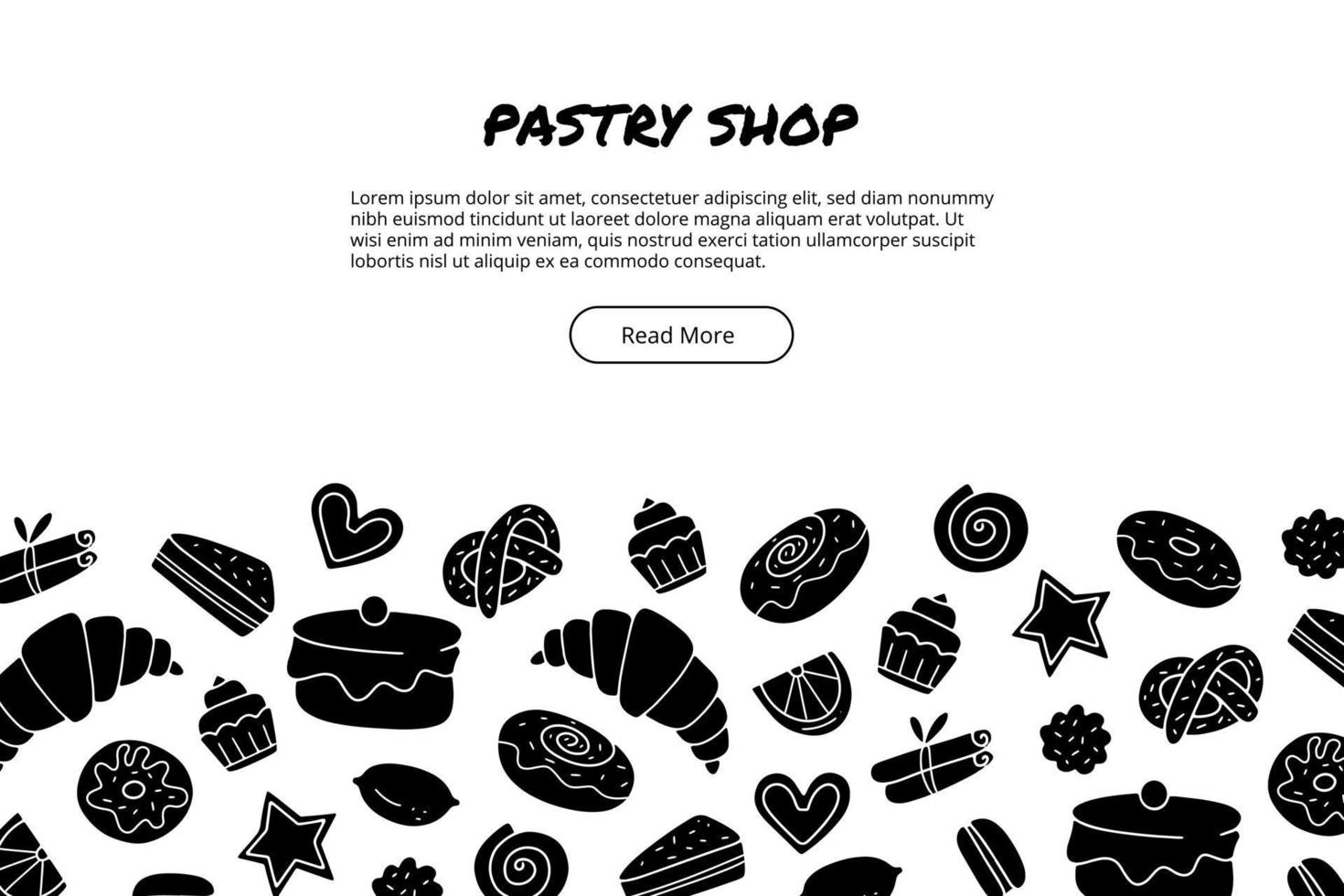 Hand drawn template with sweets such as cake, donut, cupcake, croissant. Doodle sketch style. Illustration for pastry shop. vector