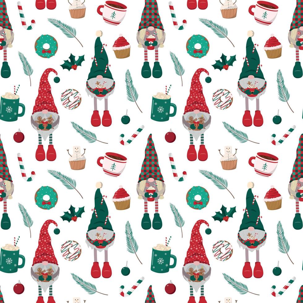 Cartoon Christmas gnomes with hot drinks, cookies, candy canes, and branches seamless pattern. Isolated on white background. Festive winter holiday wallpaper, digital paper vector