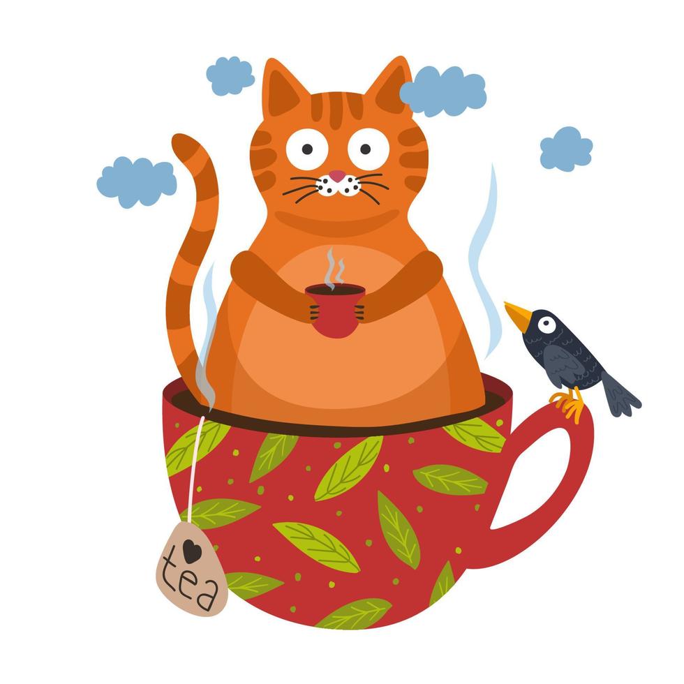 Cat and coffee. A red cat sits in a cup of tea and holds a cup of coffee in its paw. Funny illustration with a cat. Vector illustration