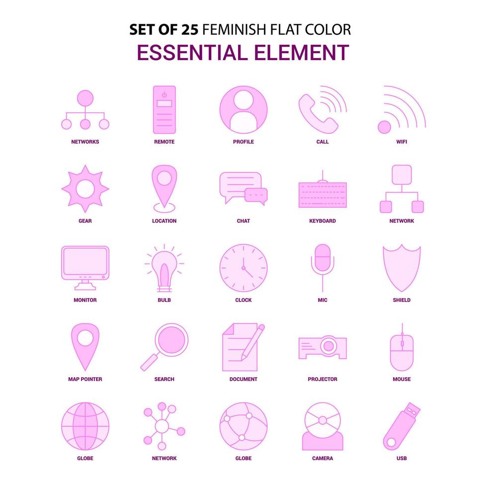 conjunto de 25 elementos esenciales femeninos color plano conjunto de iconos rosa vector