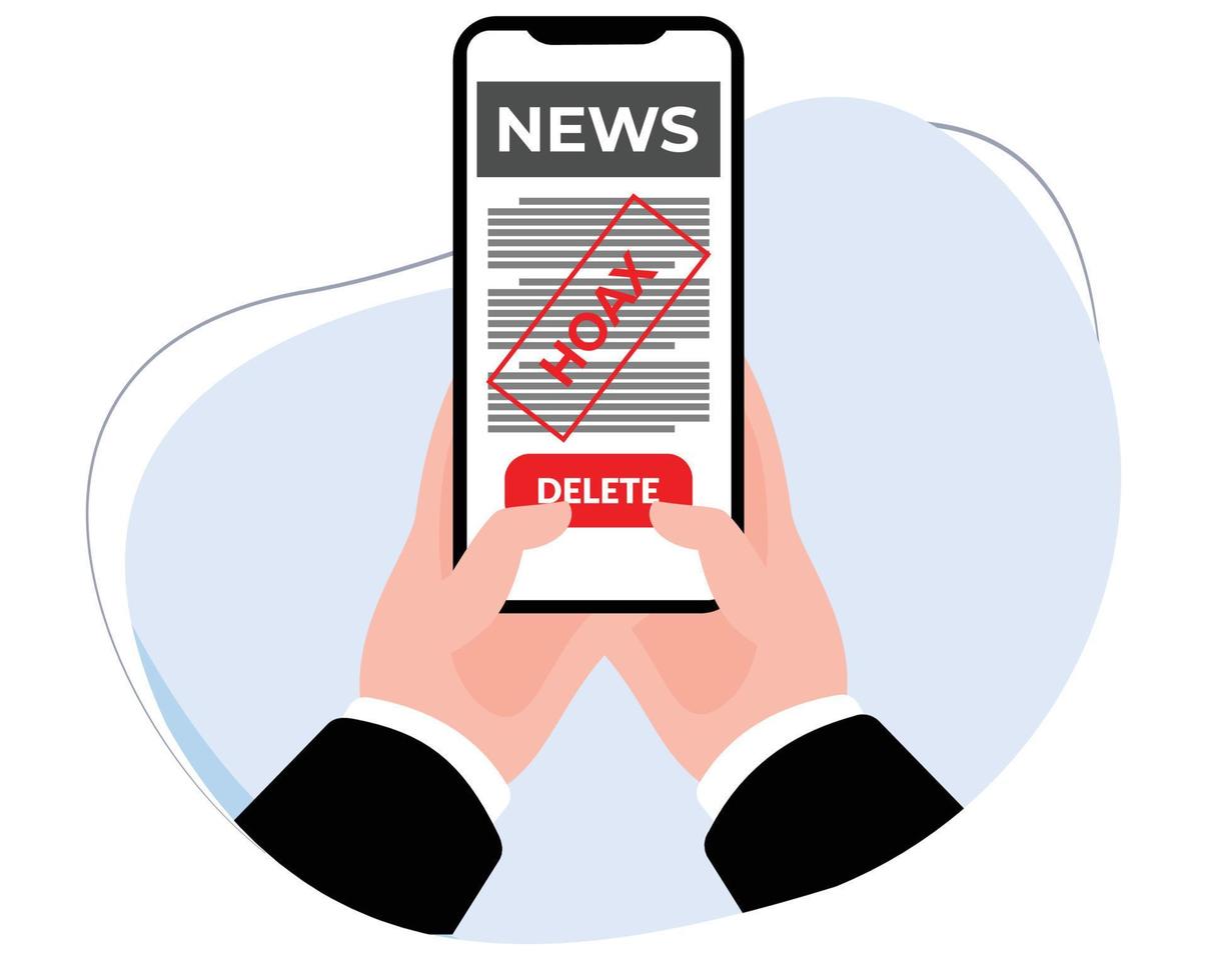hand holding mobile phone with hoax news screen display. flat design vector illustration