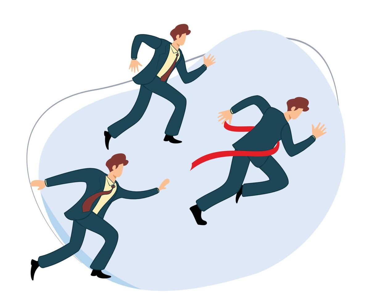 a businessman crosses the finish line during a running race with other businessman. flat design vector