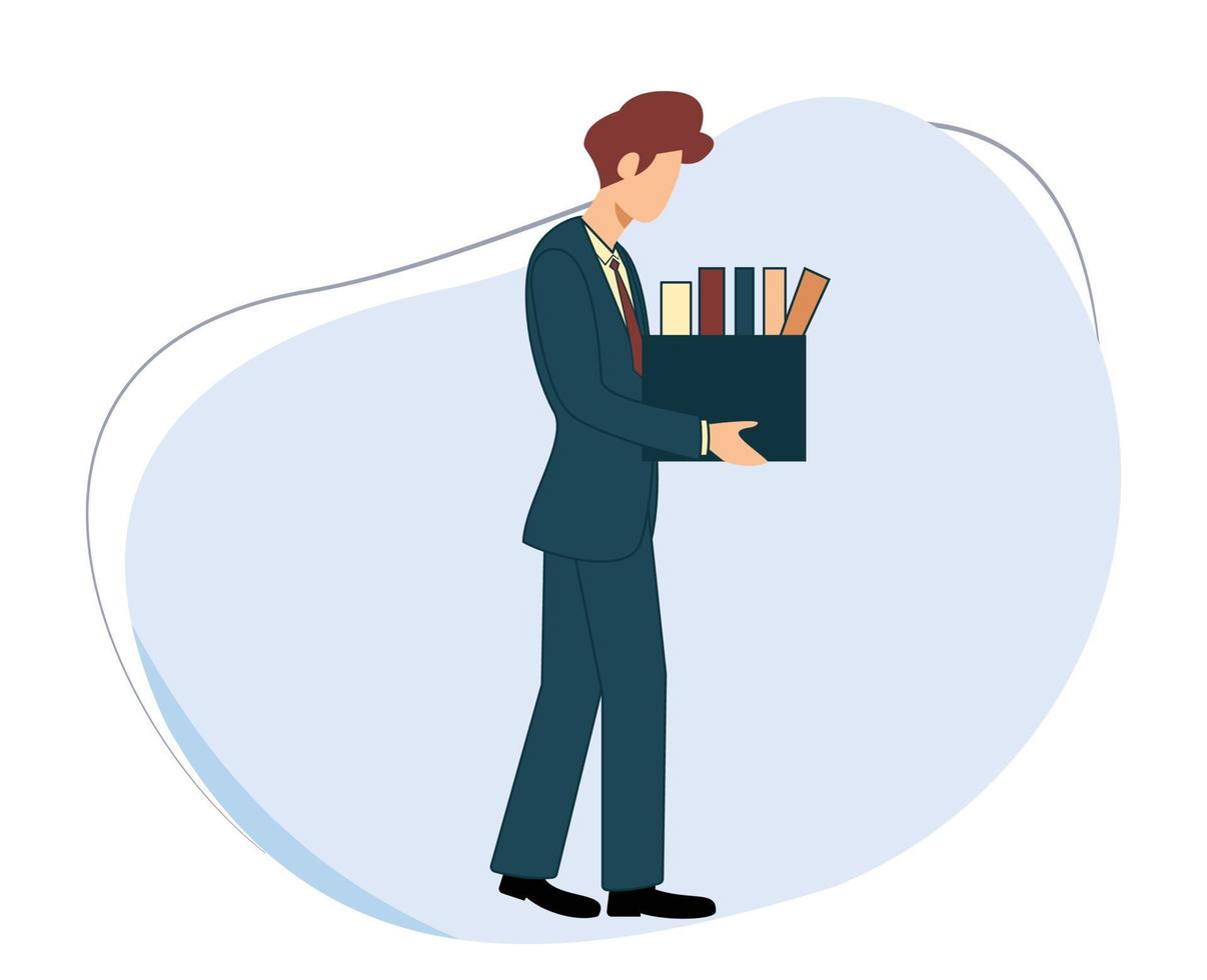 businees man walking carrying boxes filled with things. loss of a job. layoffs. change job. flat design vector. vector