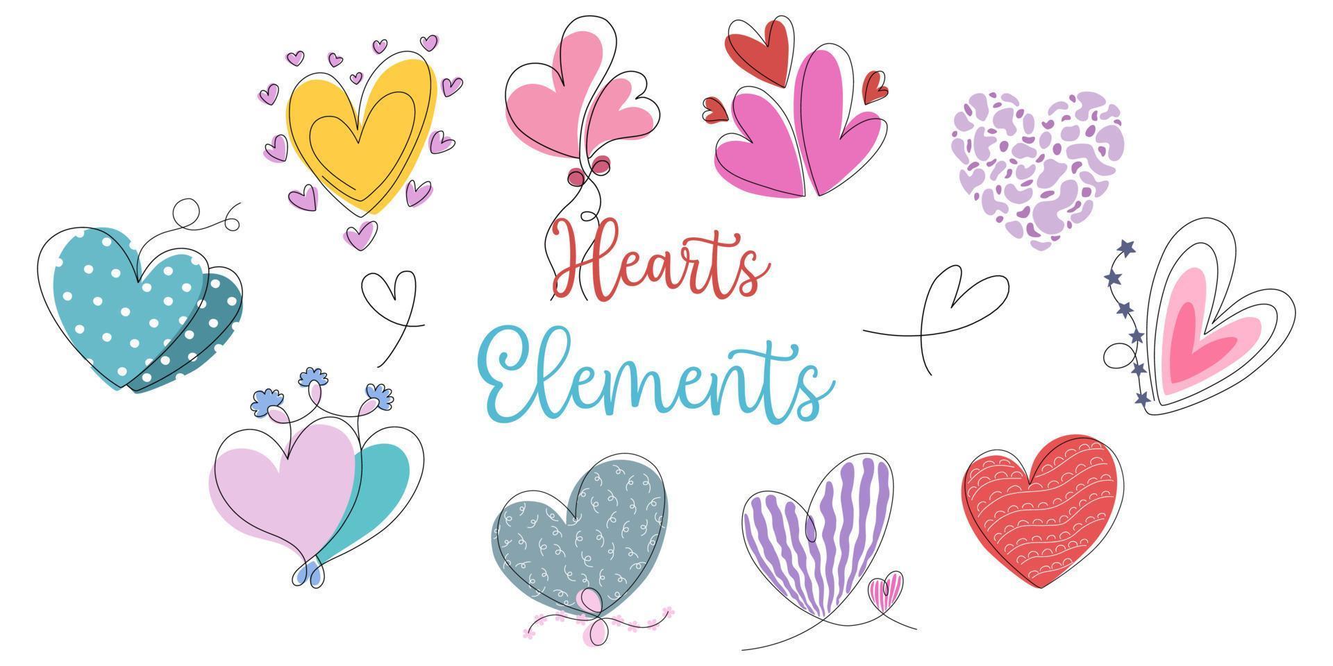 conjunto vectorial de elementos en forma de corazones diseñado en estilo doodle para decoración, pegatina, impresión digital, diseño de tarjetas, día de San Valentín, regalo y más. vector