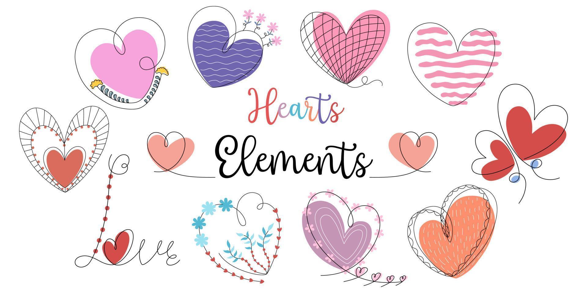 Hearts shaped elements vector set Designed in doodle style for decoration, sticker, digital printing, card design, Valentine's Day, gift and more.