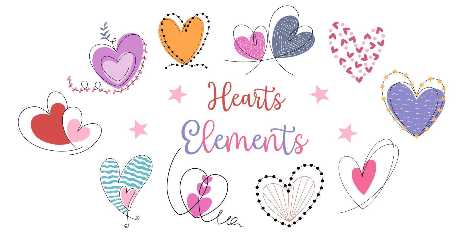 conjunto vectorial de elementos en forma de corazones diseñado en estilo doodle para decoración, pegatina, impresión digital, diseño de tarjetas, día de San Valentín, regalo y más. vector