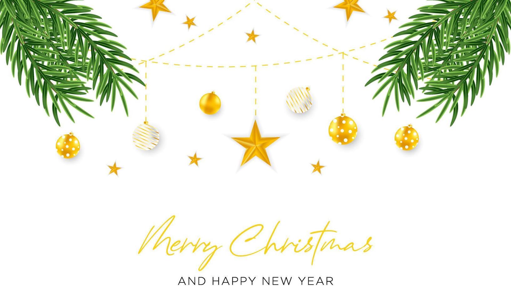 merry christmas and new year background with ball, star and tree decoration vector