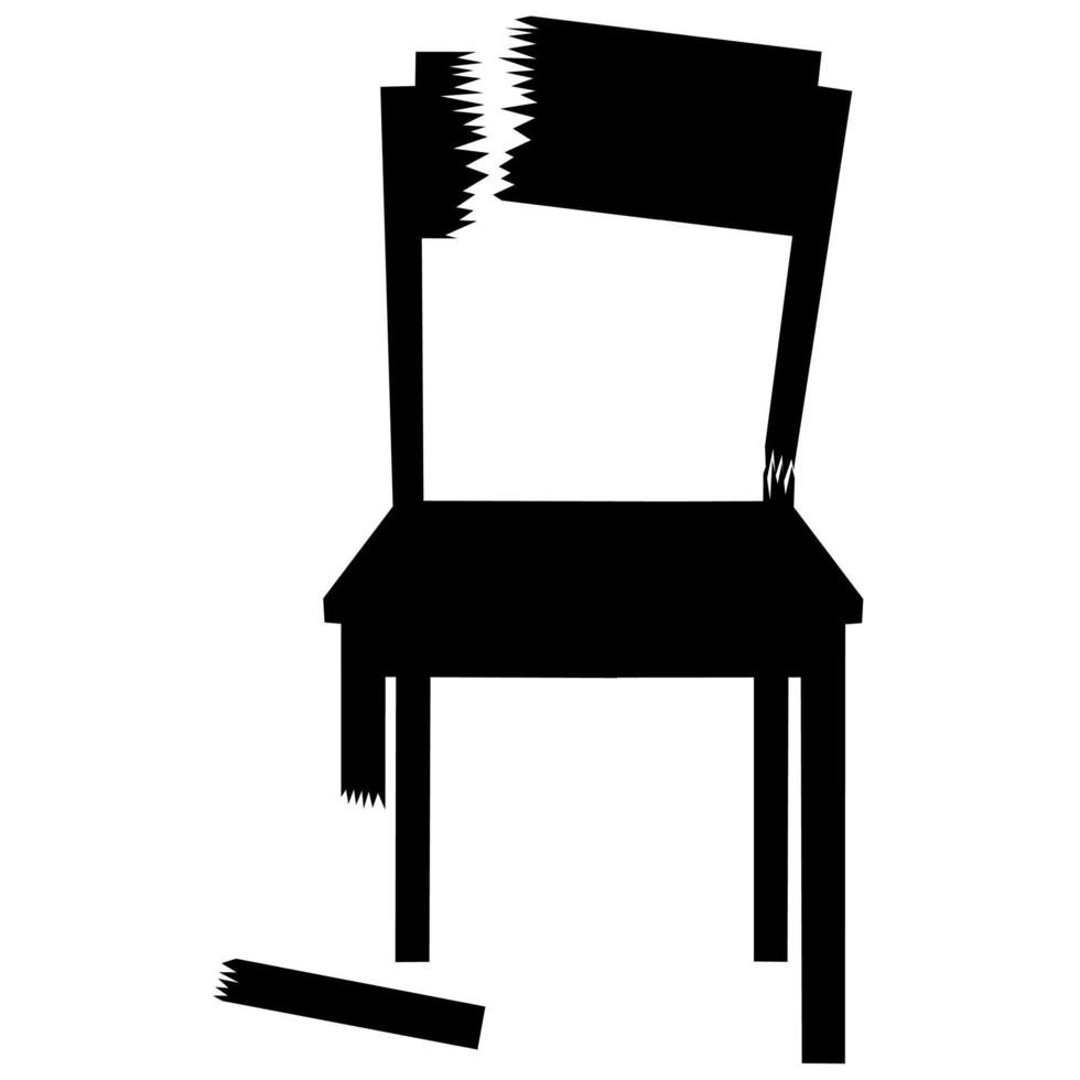 Vector illustration of a broken chair on a white background. The wood is rotten, broken and brittle.