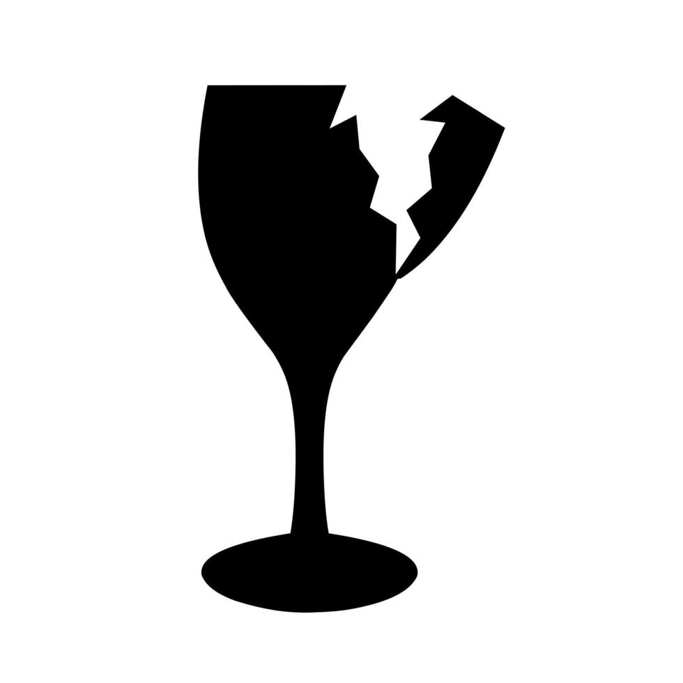 silueta vectorial de una copa de vino rota sobre un fondo blanco. recipiente de bebida agrietado, aplastado. ideal para logotipos de bebidas. vector