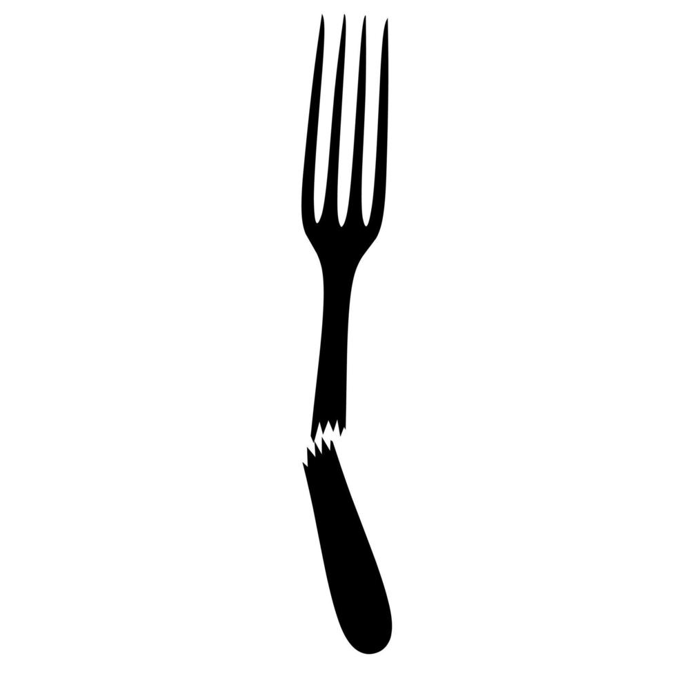 Silhouette of a broken fork on a white background. Great for cutlery logos, damaged, weathered, bent, not durable. Vector illustration