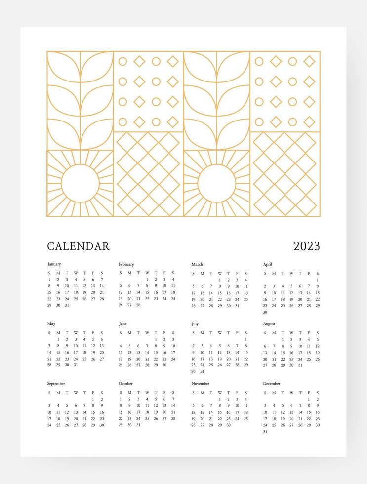 Calendar 2023 template with geometric art deco. 2023 Calendar Week starts on sunday. Vector illustration.